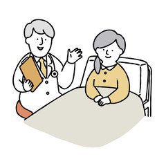 入院患者に説明をする医者と患者さん イエロー