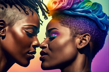 Young aged black lesbian couple deep in love and intimate moment. Have a romantic time. Beautiful sunlight. Generative AI - obrazy, fototapety, plakaty