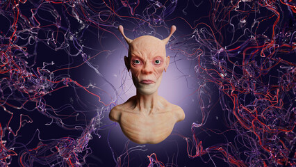 Portrait of an alien, on an abstract background. 3D render. Humanoid alien.