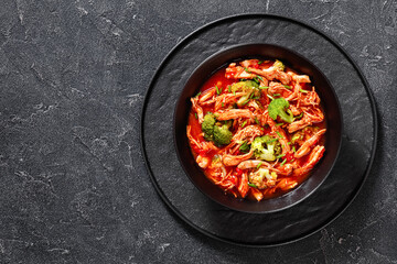 slow-cooked shredded chicken breast stew, top view