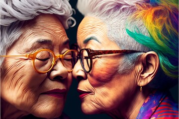 Old aged asian lesbian couple deep in love and smiling. Have a romantic time. Beautiful sunlight. Generative AI