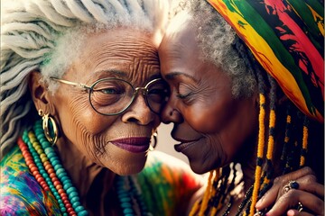 Old aged black lesbian couple deep in love and smiling. Have a romantic time. Beautiful sunlight. Generative AI