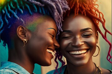Young aged black lesbian couple deep in love and laughing. Have a romantic time. Beautiful sunlight. Generative AI
