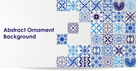 Abstract ornament background. Horizontal web banner. Poster template. Blue and white tiles ornament. mediterranean or morocco mosaic design. Arabesque tilework decoration. Vector illustration