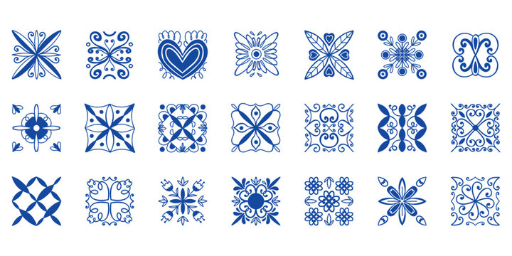 Blue tile set. Hand drawn curve and floral ornament. Mediterranean or arabic ceramic. Blue and white colors, logo template, oriental emblem or logotype. Mosaic elements vector isolated illustration