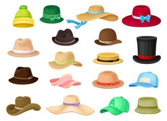 Man and Woman Hats with Brim and Ribbon Big Vector Set