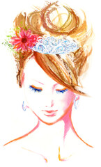 ティアラと花ををアップヘアに載せ俯く女性