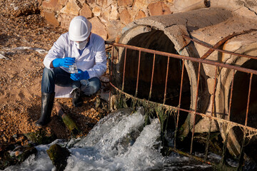 Worker under checking the waste water treatment pond industry large to control water support industry	