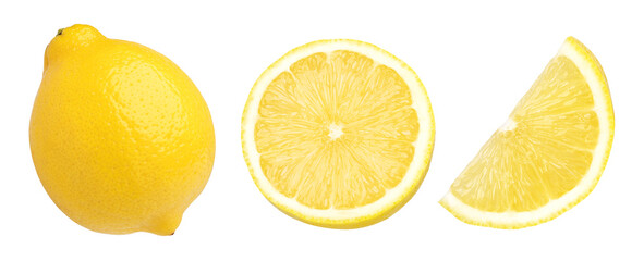 ripe lemon fruit, half and slice lemon isolated, Fresh and Juicy Lemon, transparent png, collection, cut out - obrazy, fototapety, plakaty
