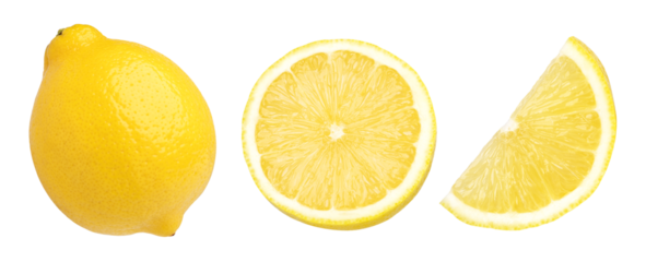 ripe lemon fruit, half and slice lemon isolated, Fresh and Juicy Lemon, transparent png, collection, cut out