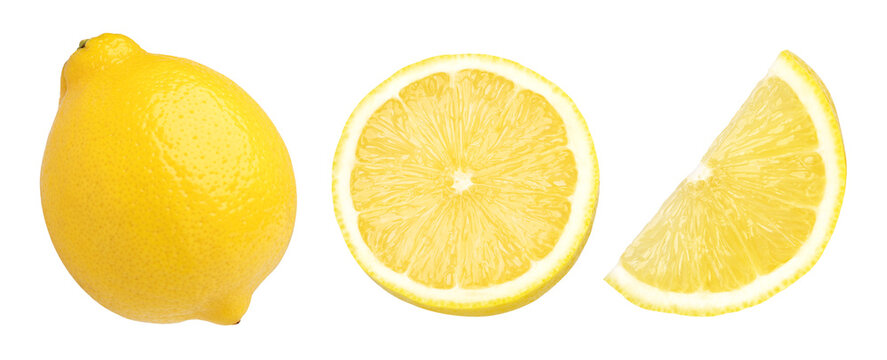 ripe lemon fruit, half and slice lemon isolated, Fresh and Juicy Lemon, transparent png, collection, cut out