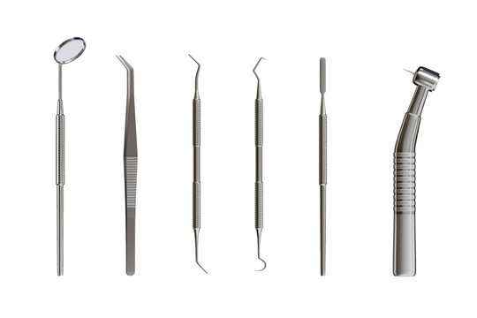 3d realistic professional dental tools set for dentistry inspection. Teeth care, health concept. Basic metal medical equipment, instrument top view. Vector illustration isolated on white background