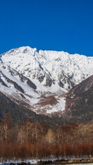 冬の上高地　小梨平から見る雪の岳沢　穂高連峰　縦構図