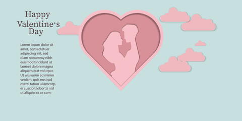 Pink couple in frame with  clouds on blue background , pastel paper cut style , Vector illustration ,love and Valentine's day Concept
