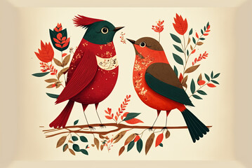 Happy Valentines Day. Cute bird characters in love with each other. Love greeting card. Generative AI
