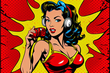 Obraz na płótnie Canvas Sexy Pin-up Frau mit einem Telefonhörer am telefonieren. Bunter Hintergrund in Pop-Art Retro-Comic-Stil - Generative Ai