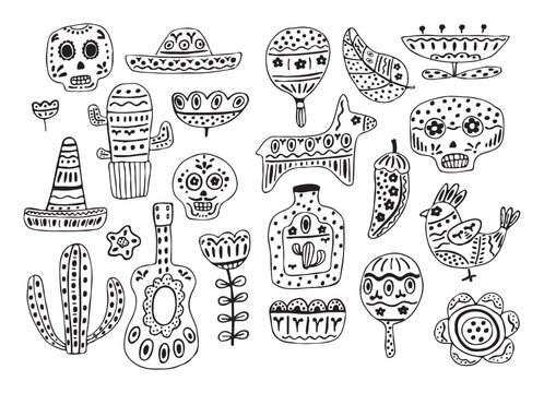 Stylish vector illustration about Mexico. Icons set, design element. Collection Traditional Mexican symbols maracas, mexican guitar, Mexican skull, sombrerero,cacti, pinata, red pepper. Vector