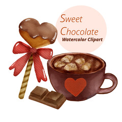 Heart shaped cookies with hot chocolate, hand drawn watercolor illustration isolated on white background.