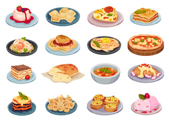 Italian Food and Dishes Served on Plate Big Vector Set