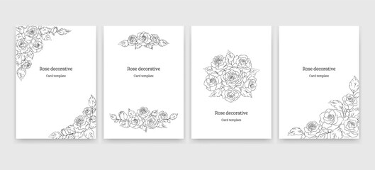 Fototapeta na wymiar 薔薇の花の装飾デザイン, カードのテンプレートセット, 白背景に黒色のイラスト. 結婚式, バレンタイン, 記念日, お祝いのコンセプト.
