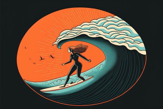 Girl surfer on the wave with surfboard, bright colors. Surfering concept. Generative AI