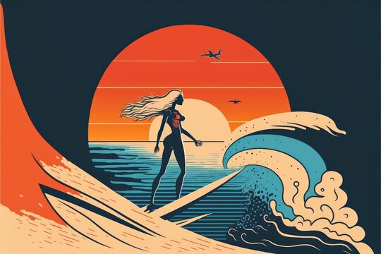 Girl surfer on the wave with surfboard, bright colors. Surfering concept. Generative AI