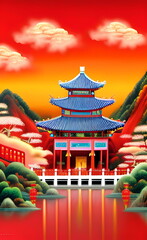 Red Chinese royal scene background created by generative AI, AI generated
