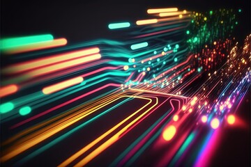 Glowing colorful of neon light or laser moving high speed data network technology. Generative AI