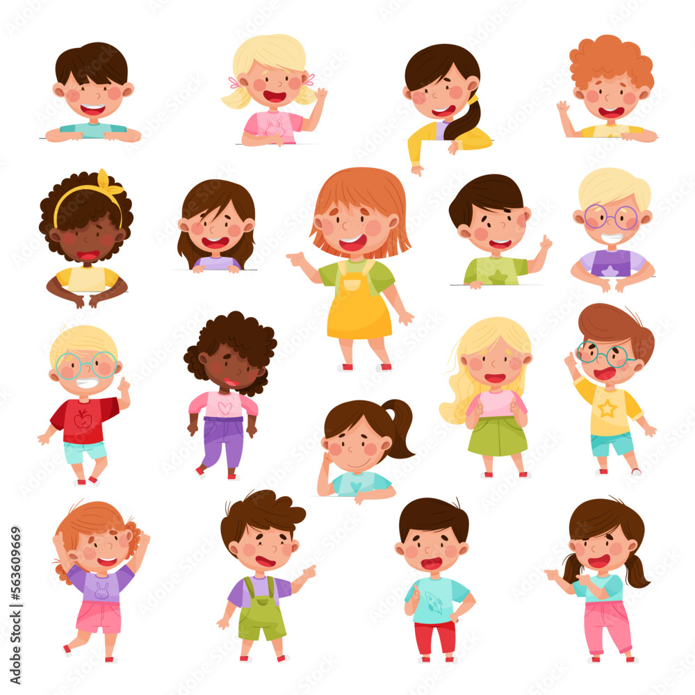 Poster kid characters pointing at something with their first finger big vector illustration set