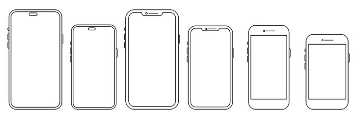 Smartphone thin line templates mockup collection. Mobile phone frames. Vector stock illustration
