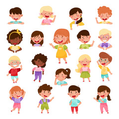 Kid Characters Pointing at Something with Their First Finger Big Vector Illustration Set
