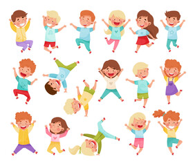 Happy Kids Jumping with Hands Raising Up Cheering and Rejoicing Big Vector Set