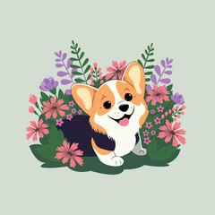 Cute corgi dog in spring flowers