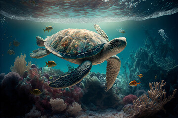 Underwater  turtle swimming in sea. detailed image with Generative AI technology