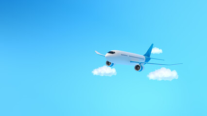 Flying airplane on a blue background with clouds. Minimal concept of travel advertising, vacation, air transportation. 3d render. 3d illustration.