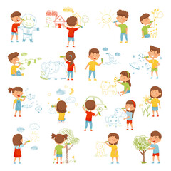 Children Drawing with Crayon on Wall Big Vector Set