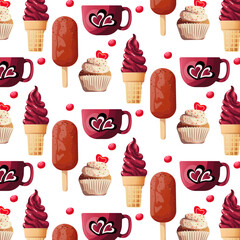 Vector seamless pattern with red cupcakes and ice cream