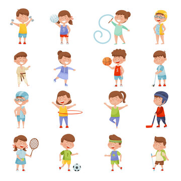 Happy Children Doing Different Sport and Physical Exercise Big Vector Set