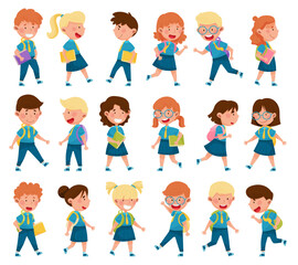 Children Attending Primary School Walking with Book and Backpack Big Vector Set