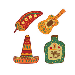 cinco de mayo. bright vector set. Pepper, guitar, sombrero, tequila. Vector illustration