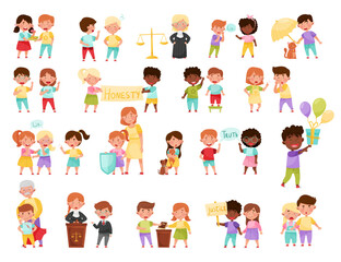 Little Kid Characters Demonstrating Fair and Truth Big Vector Set