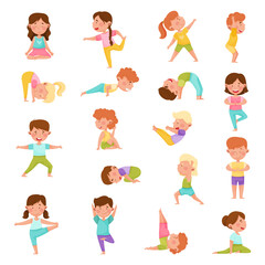 Little Children Doing Yoga Standing in Asana Breathing Big Vector Set