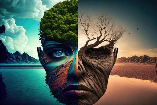 Conceptual shocking image of drought in the world. Human head divided into two parts, one with drought and the other with vegetation. Generative AI