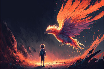 The child is looking at the big phoenix bird flying above him, Generative AI
