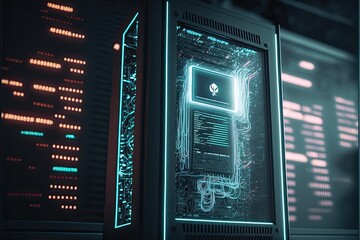 Super computer and quantum server rack in Data center control room. Generetive AI