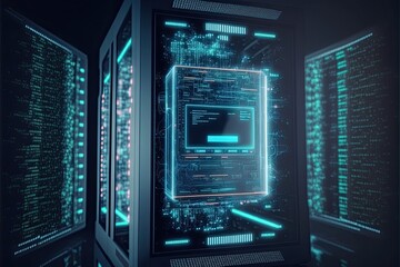 Super computer and quantum server rack in Data center control room. Generetive AI