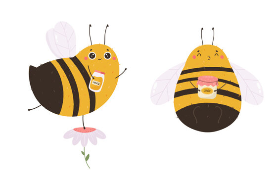 Vector illustration of a cute bees with jars of honey