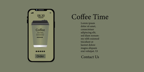 Coffee takeaway cup on phone screen with  contract icon online order on green background vector illustration , 
Coffee cup time online order design for background Concept
