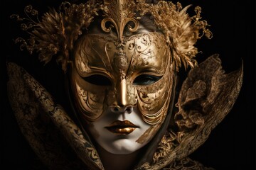 A luxurious golden female costume of Venice Carnival. Character on a black background. Generative AI - obrazy, fototapety, plakaty