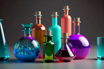 Laboratory, chemical glassware of different shape and color, ai illustration